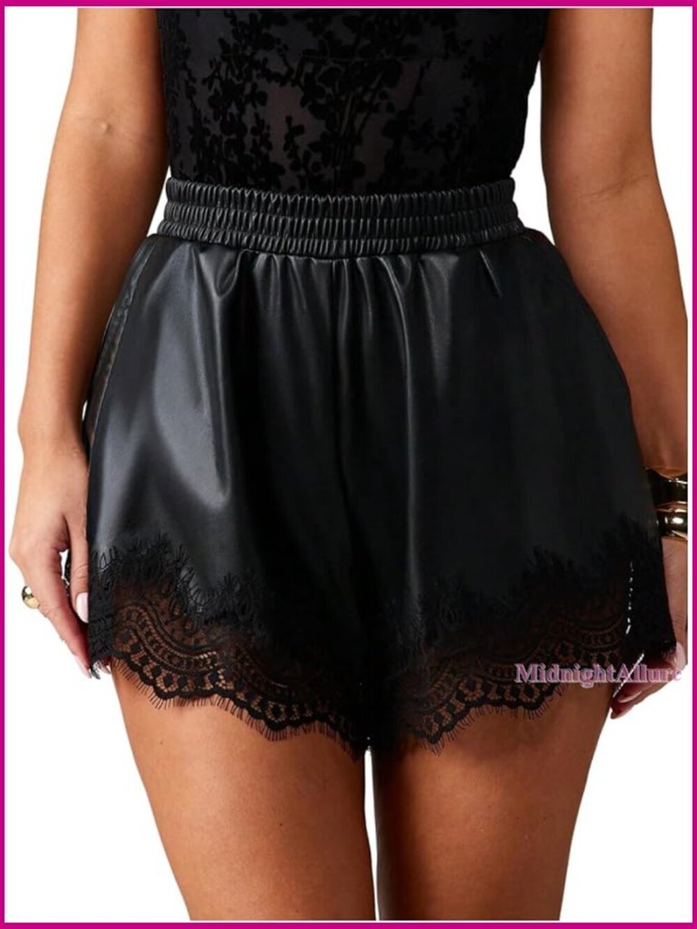 Faux Leather Lace Trim High Waisted Mini Shorts Y2K Style Regular Fit